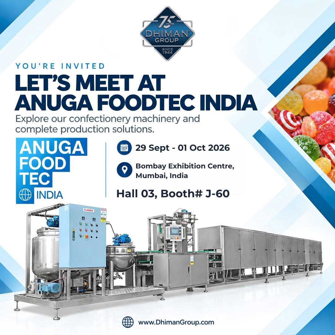 Dhiman Group invitation to meet at Anuga FoodTec India, Hall 3, Booth J-60, 29 September to 1 October 2026 at Bombay Exhibition Centre, Mumbai